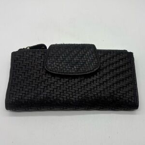 Vintage Leather Woven Boho Bifold Black Wallet Two Zippers Card Slots 8” X 4”